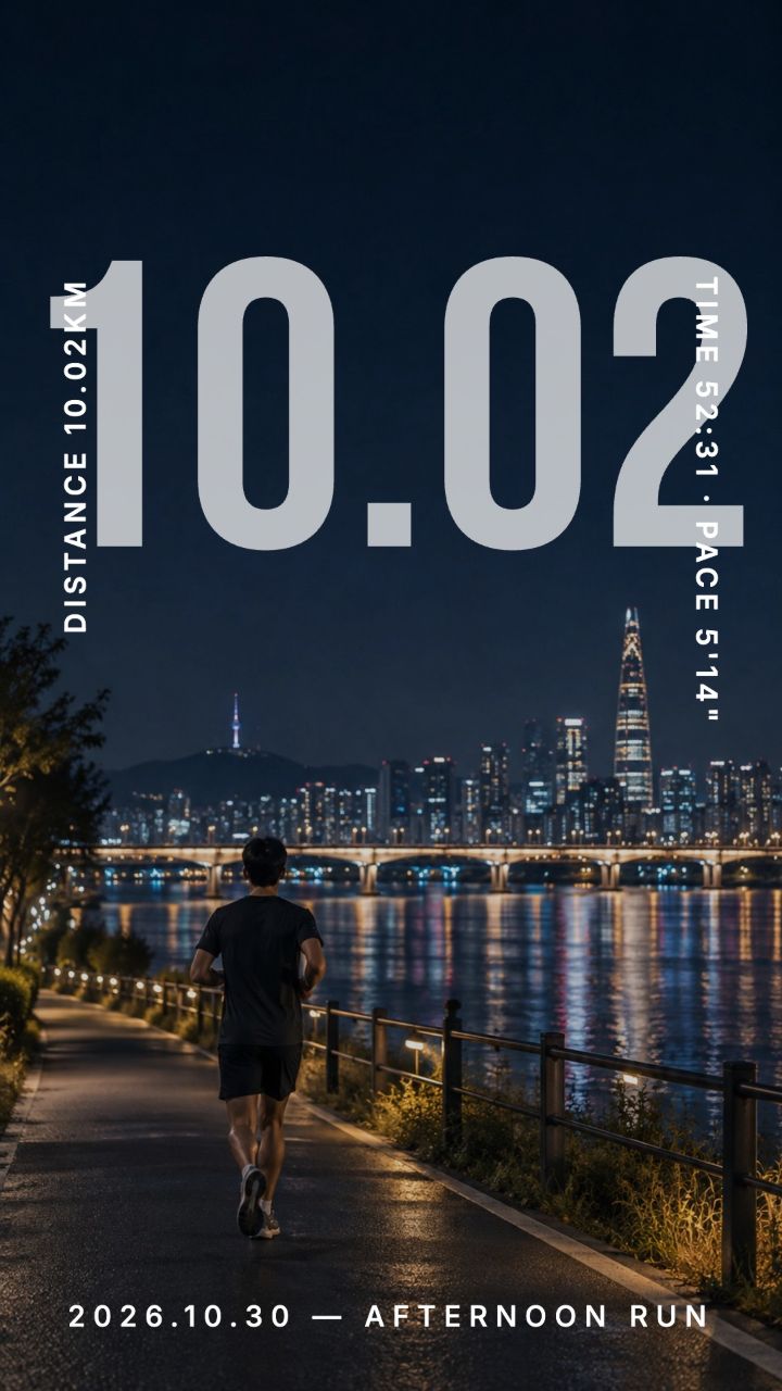 빅 넘버 템플릿으로 만든 러닝 인증샷. 한강 야경 사진 위에 10.02를 화면 폭 가득 쓰고, 왼쪽에 DISTANCE, 오른쪽에 TIME과 PACE를 세로로 적었다.
