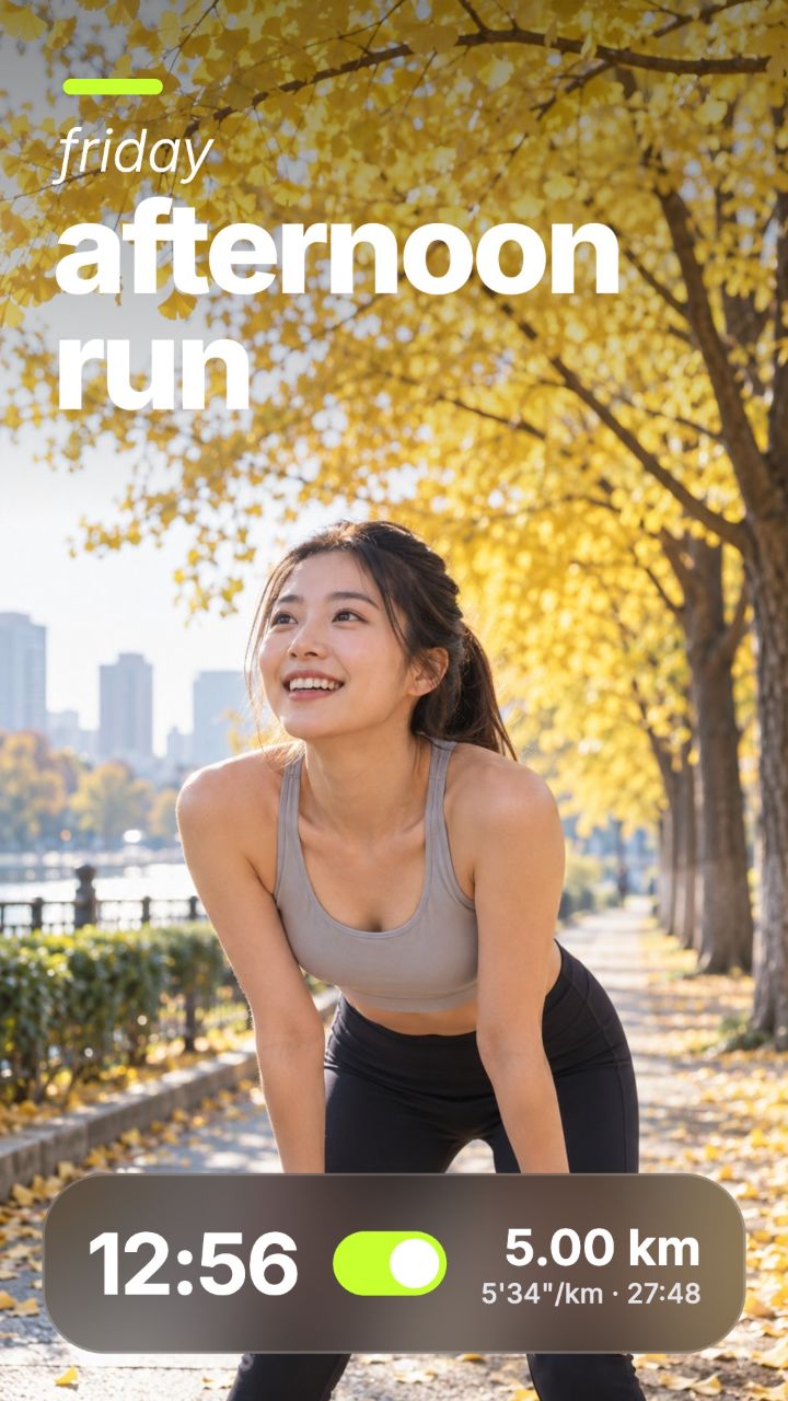 모닝 위젯 템플릿으로 만든 러닝 인증샷. 은행나무 길 사진 위에 friday, afternoon run 제목을 쓰고, 아래 유리 질감 카드에 시각 12:56, 거리 5.00km, 페이스와 시간을 넣었다.